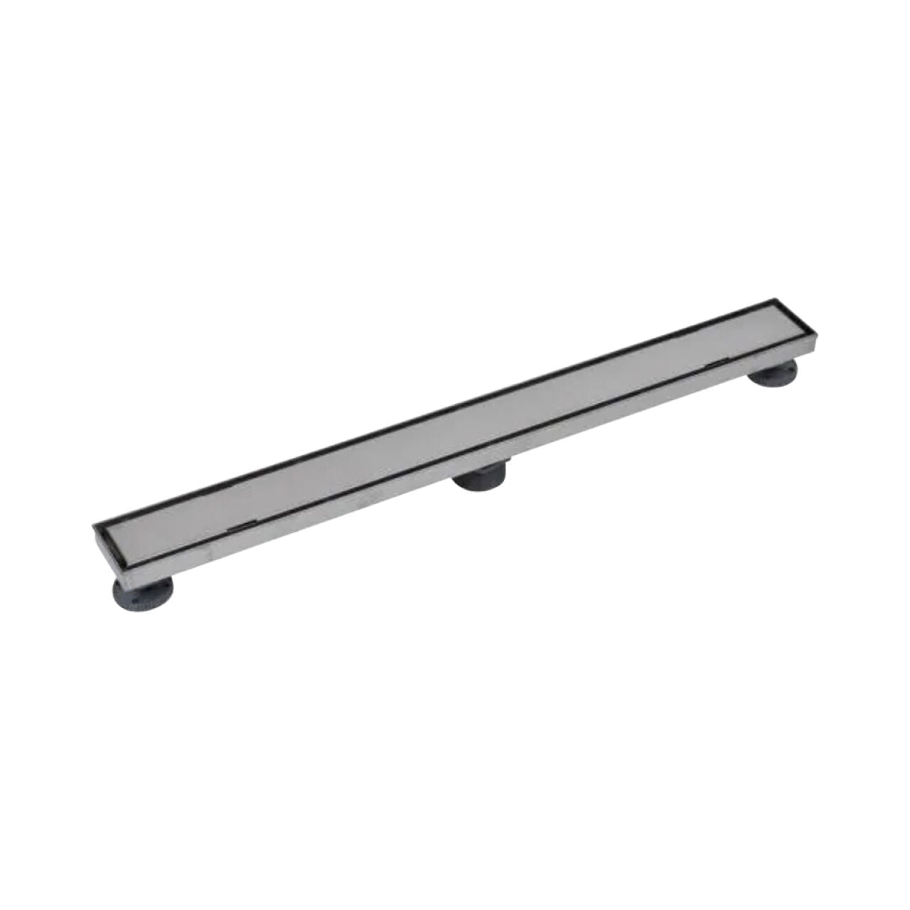 The 32 in. Designline Stainless Steel Linear Shower Drain with Tile-In Pattern Drain Cover by Go Build, The Fastest Way To Build, features a rectangular, silver finish and flat surface, shown against a white background.
